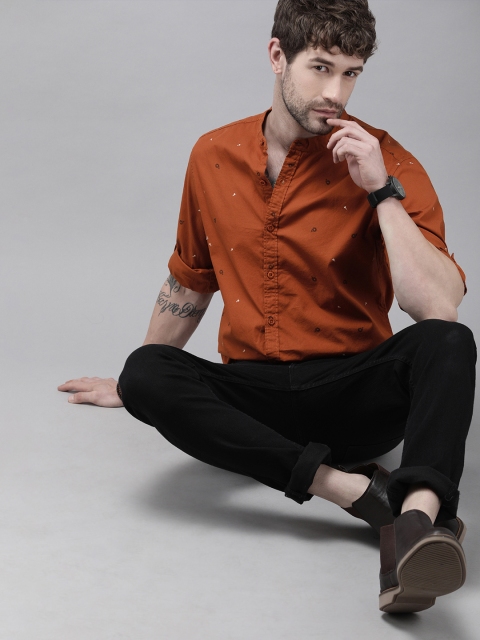 

Roadster Men Rust Orange & Black Opaque Printed Pure Cotton Casual Shirt