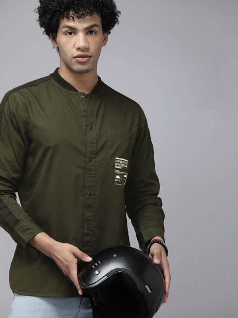 

Roadster Men Olive Green& White Printed Casual Shirt