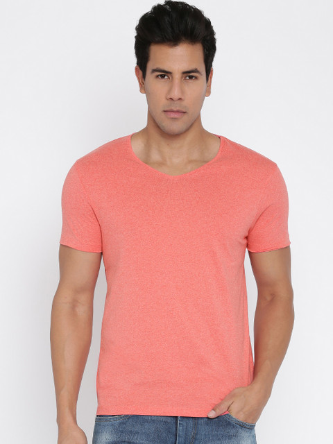 

Jack & Jones Men Peach-Coloured Solid T-shirt