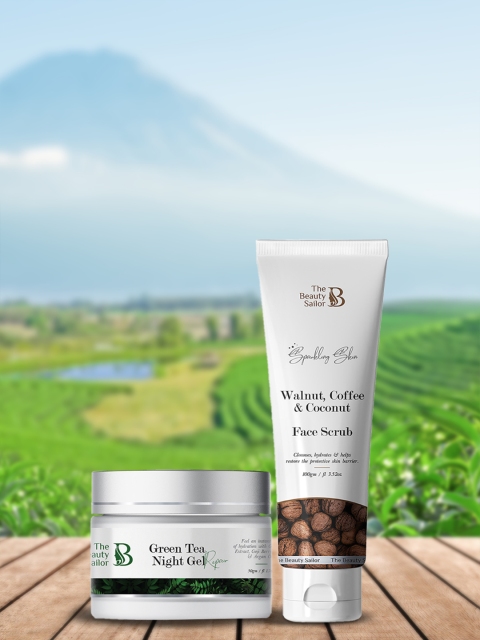 

The Beauty Sailor Green Tea Night Gel Cream & Walnut, Coffee & Coconut Face Scrub 150 gm, White