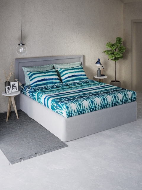 

DDecor Turquoise Blue & White Striped 400 TC King Bedsheet with 4 Pillow Covers