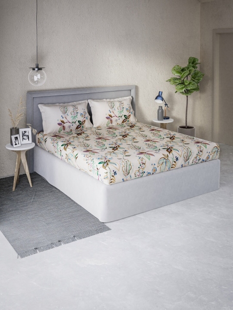 

DDecor White & Green Floral 130 TC Queen Bedsheet with 2 Pillow Covers