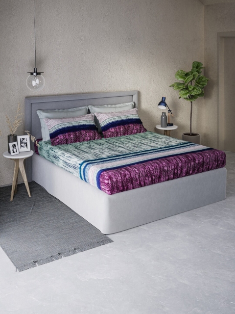 DDecor Turquoise Blue & Purple Striped 400 TC King Bedsheet with 4 Pillow Covers