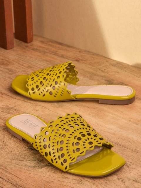 

Mode by Red Tape Women Mustard Textured Open Toe Flats with Laser Cuts