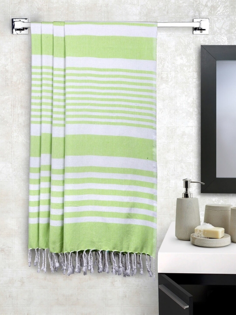 

KLOTTHE Set Of 4 White & Green Striped 233 GSM Cotton Bath Towels