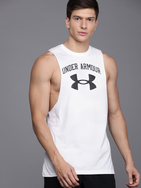

UNDER ARMOUR Men White Brand Big Logo Printed Loose Training or Gym T-shirt