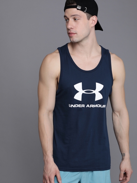 

UNDER ARMOUR Men Navy Blue & White Brand Logo Print Sportstyle Logo Tank T-Shirt