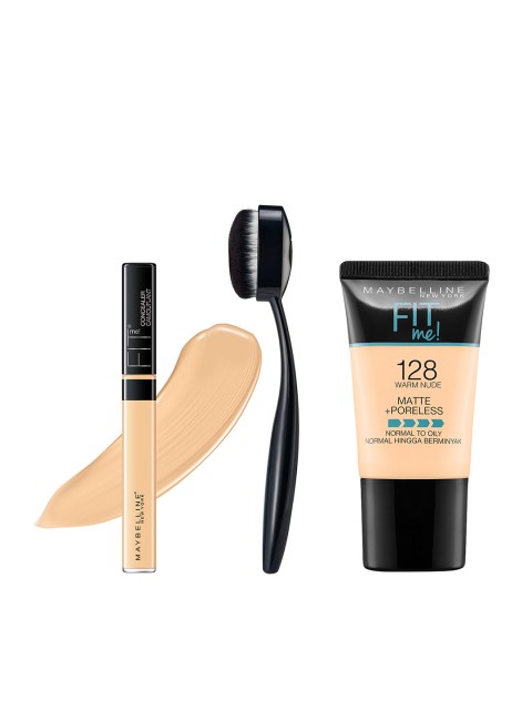 

Maybelline Set of Fit Me Concealer 25, Warm Nude Matte Foundation & Foundation Brush, Black