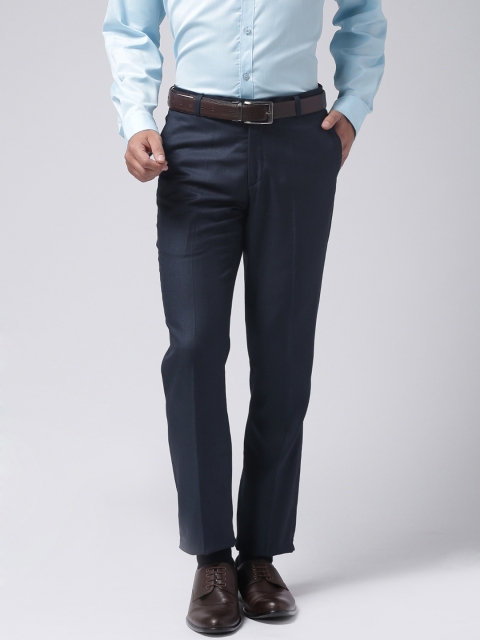

True Blue Men Navy Blue Solid Regular Fit Flat-Front Trousers