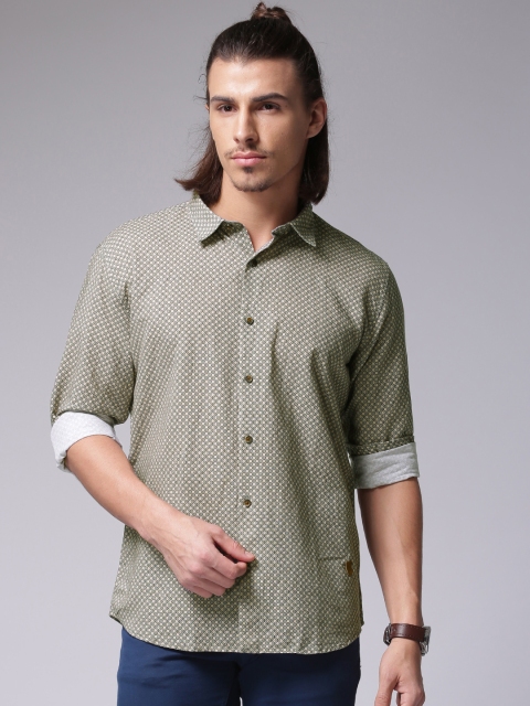 

True Blue Men Olive Green & Beige Printed Casual Shirt