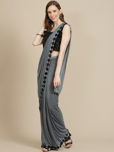 

KHALOM Grey Sequinned Pure Silk Ready to Wear Saree
