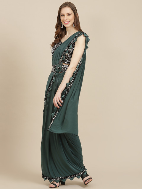 

KHALOM Green & Black Sequinned Pure Silk Ready to Wear Saree With Belt