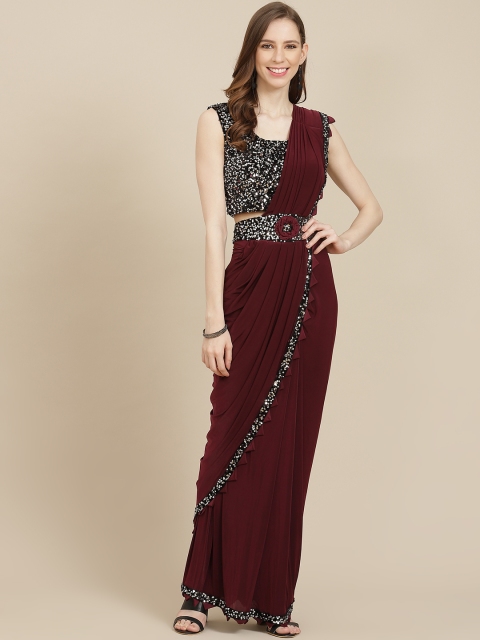 

KHALOM Maroon Sequinned Pure Silk Ready to Wear Saree With Belt