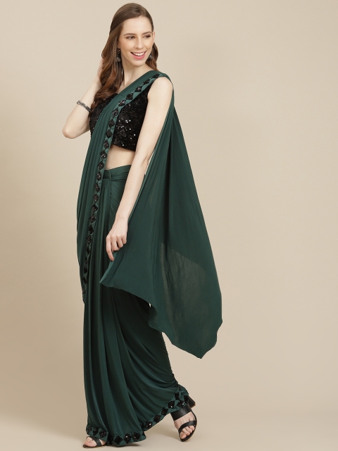 

KHALOM Green & Black Sequinned Pure Silk Ready to Wear Saree