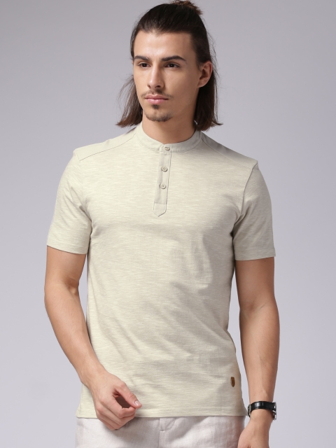

True Blue Men Beige Solid Henley T-Shirt