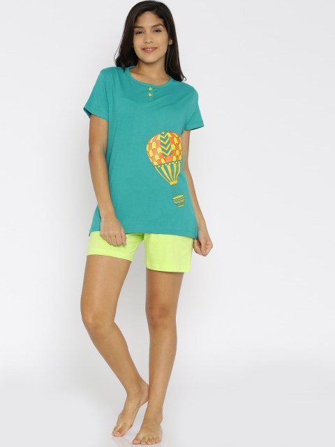 

July Nightwear Blue & Fluorescent Green Printed Nightsuit MD008