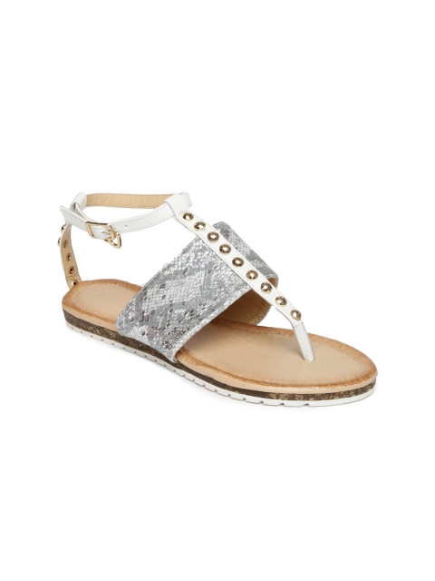 

Addons Women White & Silver-Toned Studded Flats