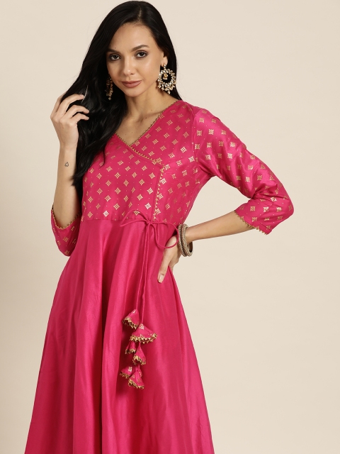 

Sangria Women Pink & Golden Ethnic Motifs Yoke Design Kurta