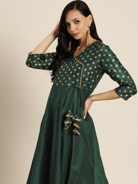 

Sangria Women Green & Golden Ethnic Motifs Printed Gotta Patti Kurta