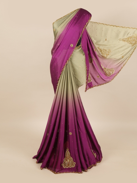 

Pothys Violet & Champagne Embellished Pure Georgette Saree