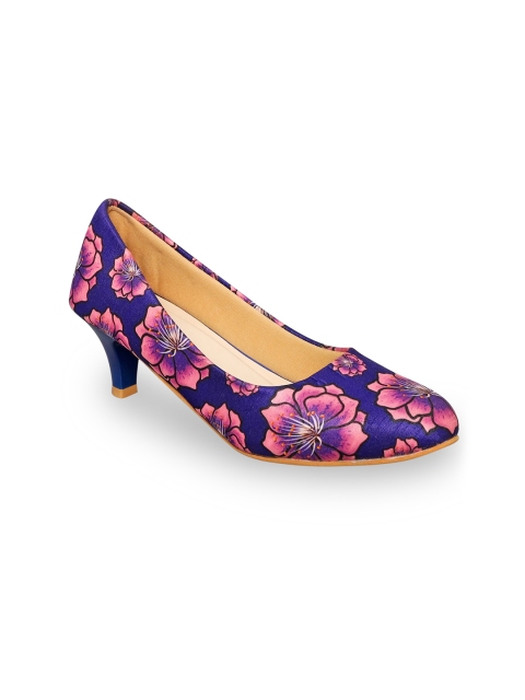 

Kanvas Navy Blue & Pink Printed Slim Heeled Pumps