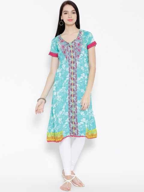 

Rangriti Women Blue & White Printed A-Line Kurta
