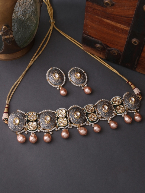 

THE AAB STUDIO Gold-Plated & Grey Kundan-Studded & Beaded Meenakari Jewellery Set