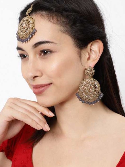 

Rubans Gold-Plated Grey American Diamond-Studded Statement Maang Tikka & Earrings
