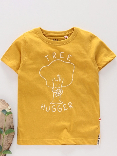 

Ed-a-Mamma Unisex Kids Mustard Printed Raw Edge Sustainable T-shirt