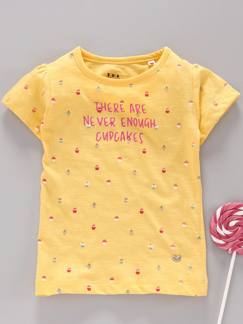 

Ed-a-Mamma Girls Yellow Typography Printed Extended Sleeves Sustainable T-shirt