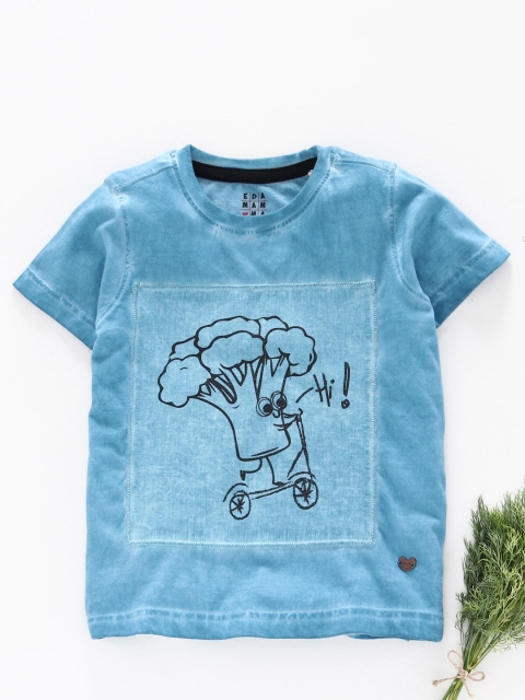 

Ed-a-Mamma Boys Blue Biker Printed V-Neck Applique Sustainable T-shirt