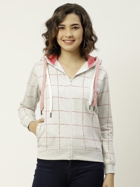 

Madame Women Grey Melange & Pink Checked Hooded Sweatshirt