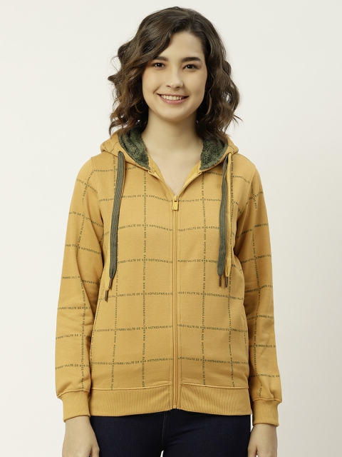 

Madame Women Mustard Yellow & Green Checked Hooded Sweatshirt