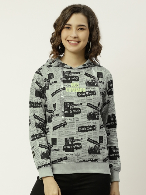 

Madame Women Green & Black Printed Hooded Sweatshirt