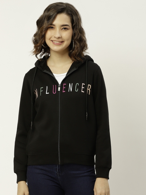 

Madame Women Black Embroidered Hooded Sweatshirt