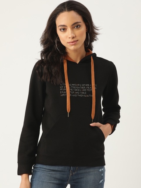 

Madame Women Black Typography Embellished Hooded Sweatshirt