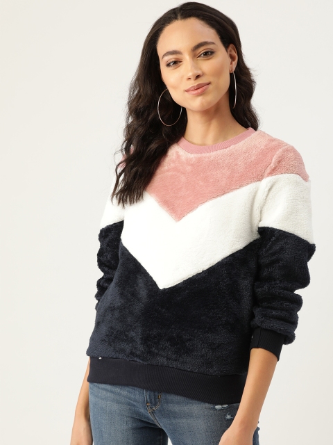 

Madame Women Navy Blue & Peach-Coloured Colourblocked Faux Fur Sweatshirt