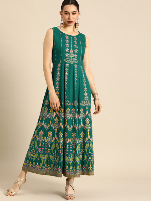 

Anouk Teal Green & Golden Ethnic Motifs Ethnic Maxi Dress