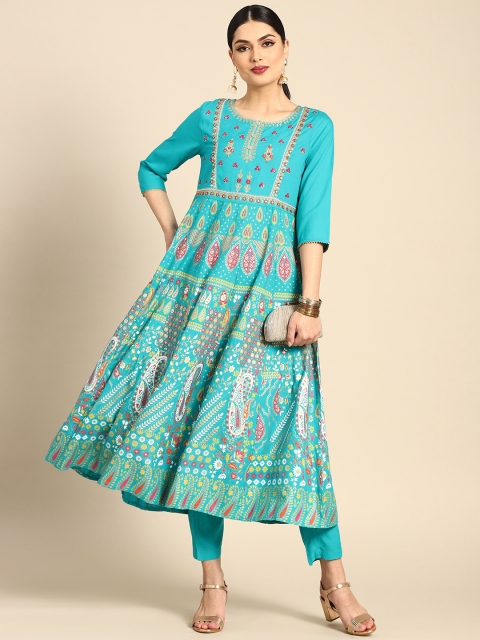 

Anouk Women Teal Blue & Golden Motifs Printed Panelled Kurta with Trousers