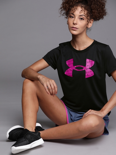 

UNDER ARMOUR Women Black Brand Logo Printed Loose Tech Training or Gym T-shirt