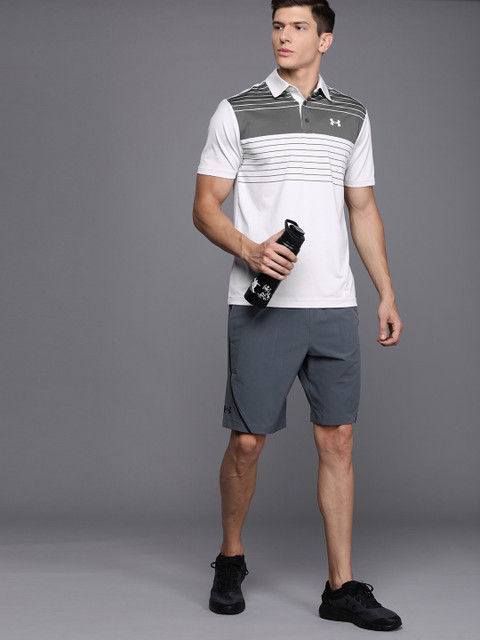 

UNDER ARMOUR Men White & Charcoal Striped Playoff Polo 2.0 Loose Fit T-shirt