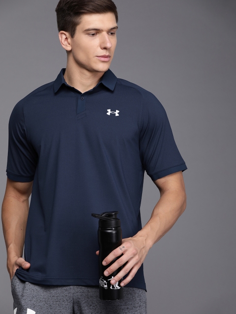 

UNDER ARMOUR Men Navy Blue Brand Logo Polo Collar Loose Iso-Chill T-shirt