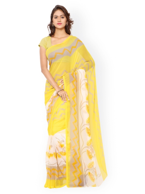 

Ligalz Yellow Georgette Floral Print Saree