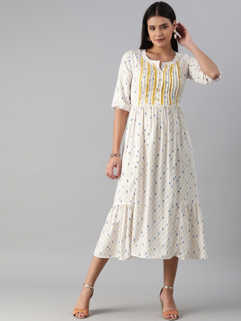 

ETIQUETTE White & Yellow Floral Pintuck Tiered Midi Dress