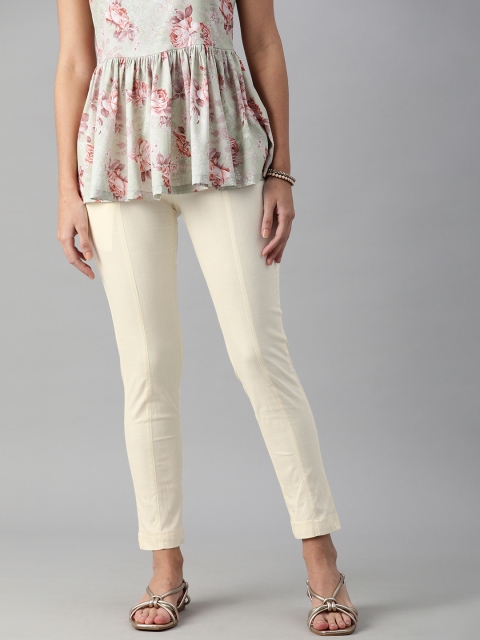 

ETIQUETTE Women Beige Solid Slim Fit Cigerette Trousers