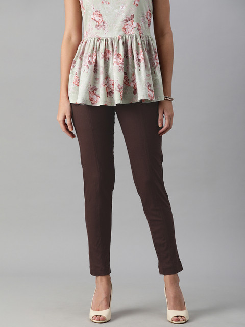 

ETIQUETTE Women Coffee Brown Solid Slim Fit Cigerette Trousers
