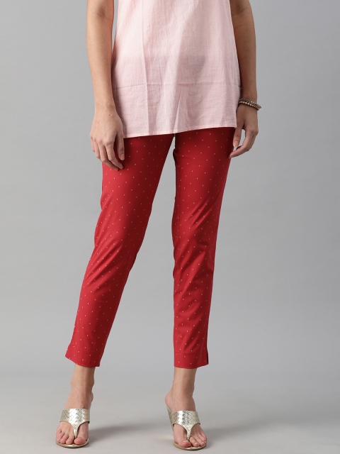 

ETIQUETTE Women Red & White Floral Printed Slim Fit Cigerette Trousers