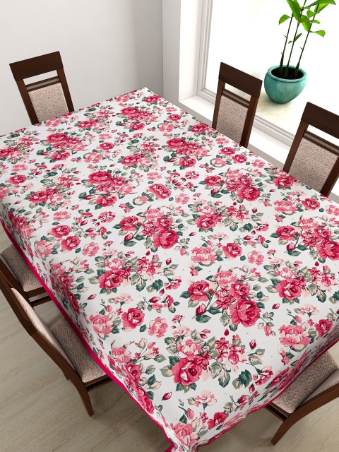 

SWAYAM White & Pink Rectangular Floral Print 90" x 60" Cotton Table Cover