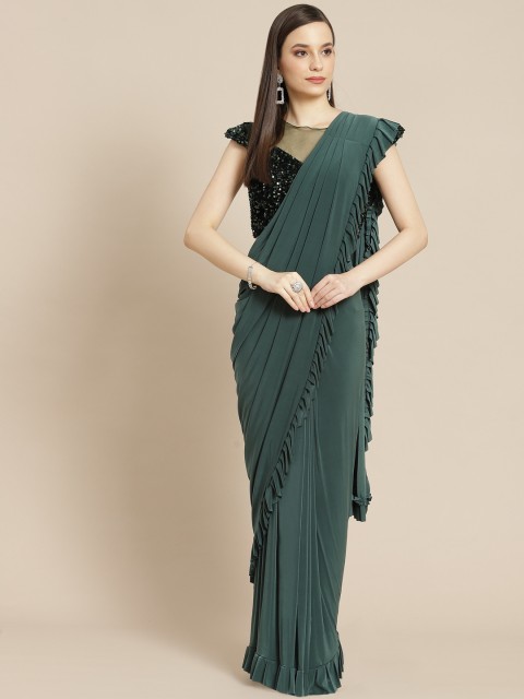 

Mitera Green Solid Ready to Wear Ruffled Saree
