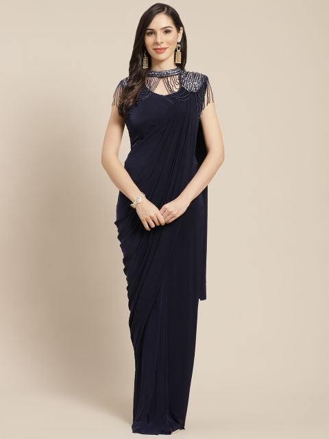 

Mitera Navy Blue Solid Ready to Wear Saree